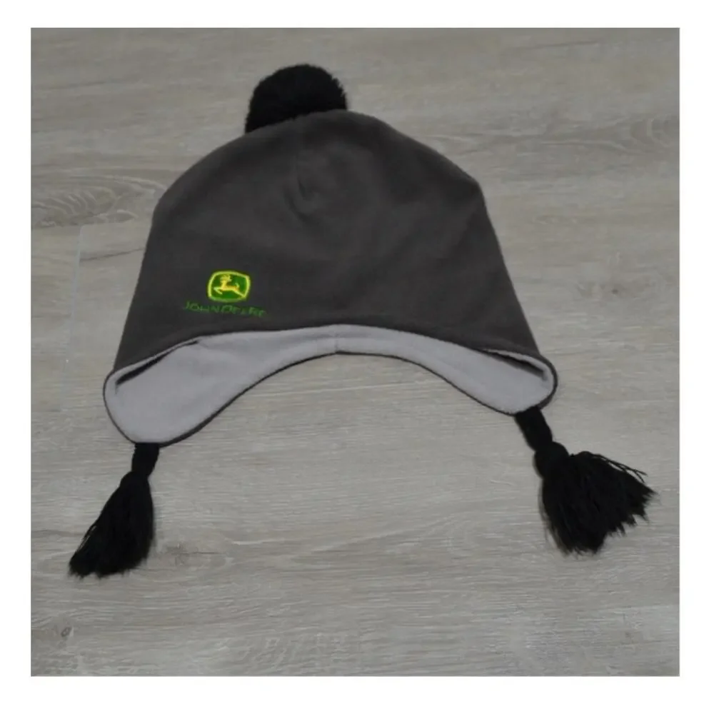 John Deere Fleece Hat Youth M/L Gray Black Green & Yellow